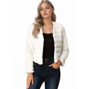 Winter Warm Cropped Jacket Collarless Faux Fur Fluffy Coat White